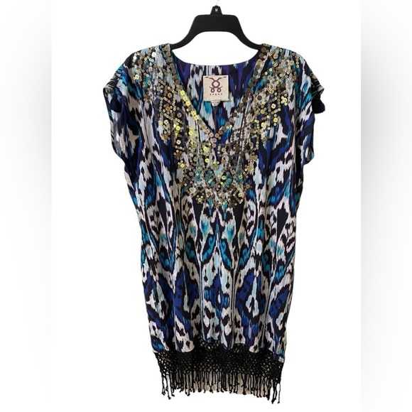 NWT Figue Anais Blue Ikat  Party Mini Dress Women's Sequins Fringe Size Small‎ - Picture 4 of 16